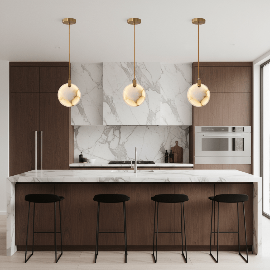 Alabaster Hanging Light Fixture — Pendant Light | Maison Monashee — view 14